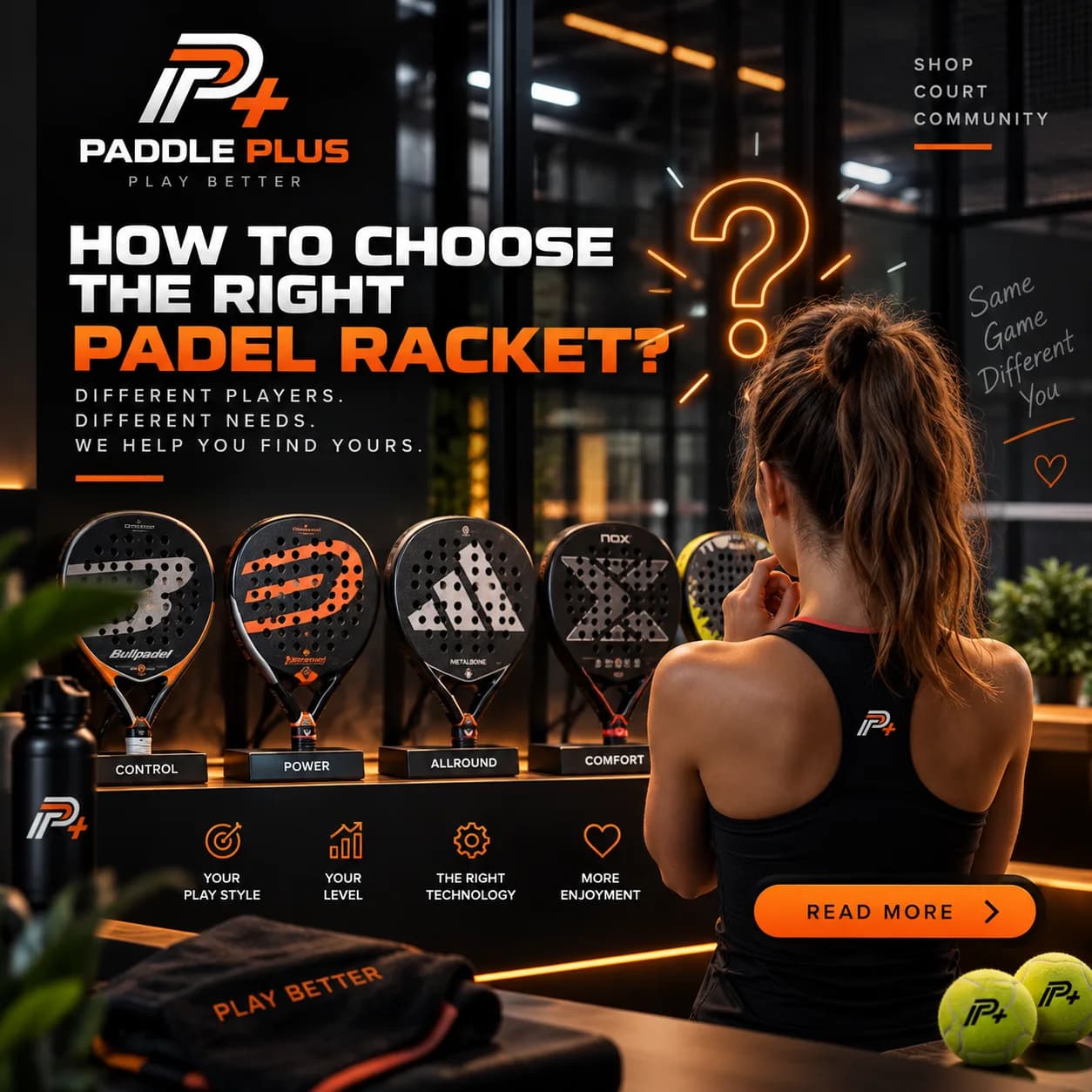 Витрина Paddle Plus: ракетки control, power, allround и comfort
